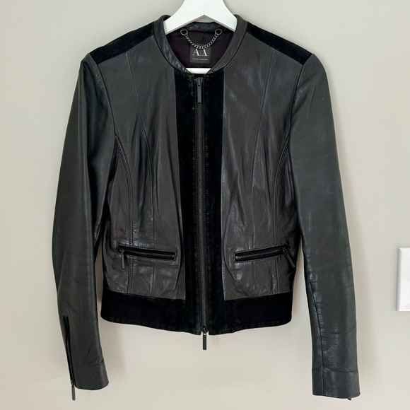 Armani Exchange Black Fitted Panelled Suede Leather Moto Jacket Biker size S - Picture 6 of 15